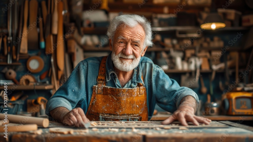 Senior man crafting in a workshop, symbolizing skilled hobby and active retirement. Senior man crafting in a workshop, symbolizing skilled hobby and active retirement.
