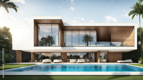 3d house model rendering on white background, 3D illustration modern cozy house with pool and parking house © samsul