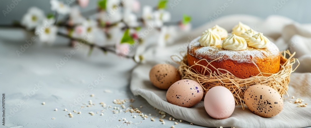 Easter cake and eggs with willow branch with copy space, banner Easter cake and eggs with willow branch with copy space, banner