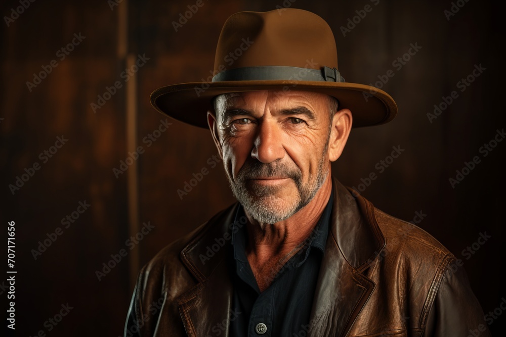 Portrait of a senior man wearing a hat and leather jacket. Portrait of a senior man wearing a hat and leather jacket.