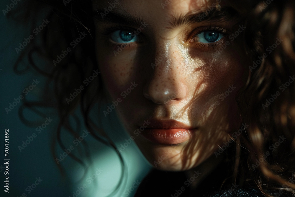 Mysterious portrait, half in shadows, with an intense gaze from the visible eye Mysterious portrait, half in shadows, with an intense gaze from the visible eye