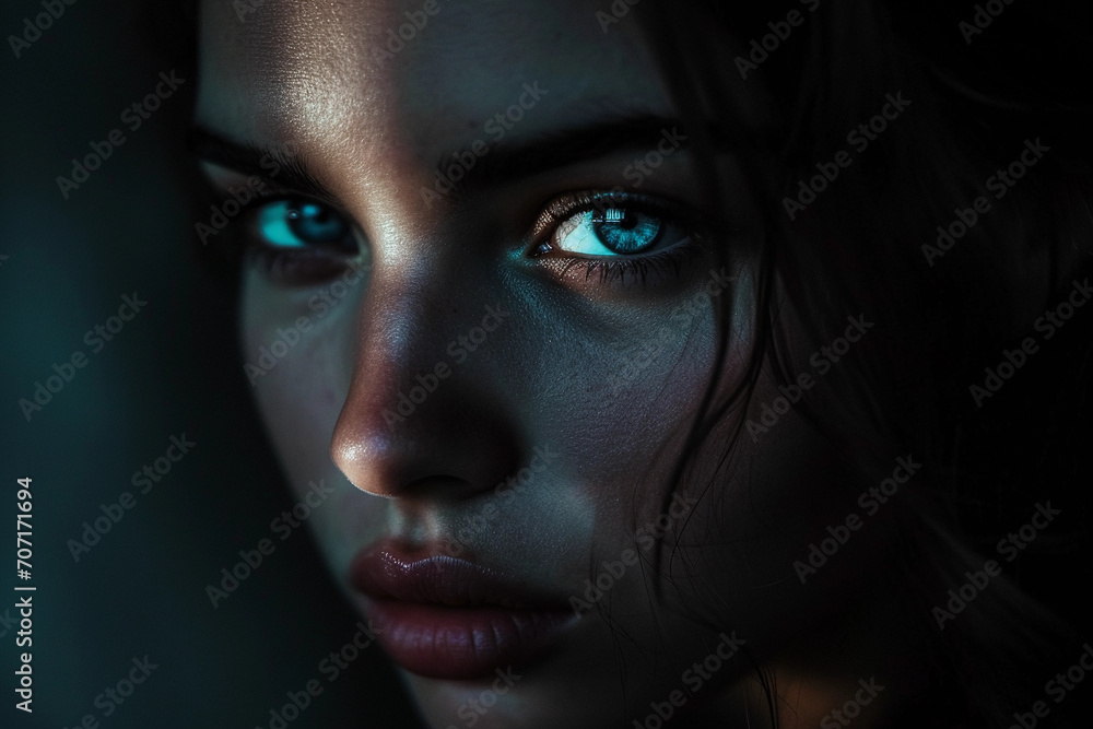 Mysterious portrait, half in shadows, with an intense gaze from the visible eye Mysterious portrait, half in shadows, with an intense gaze from the visible eye