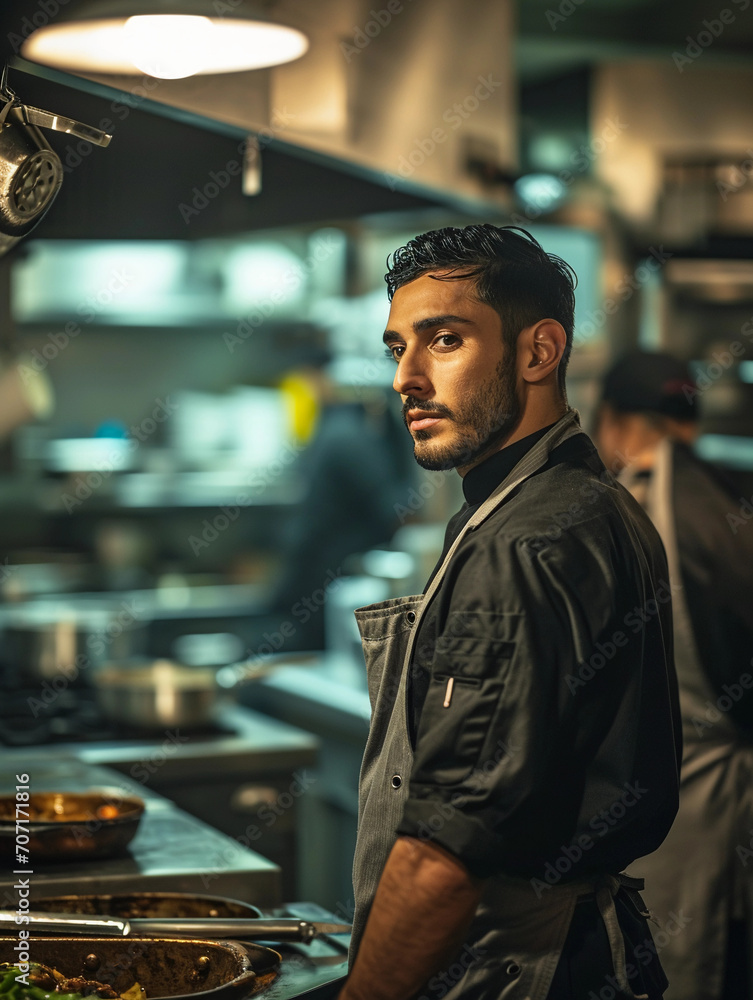 Profile portrait of a chef, kitchen action in the background, focused expression Profile portrait of a chef, kitchen action in the background, focused expression