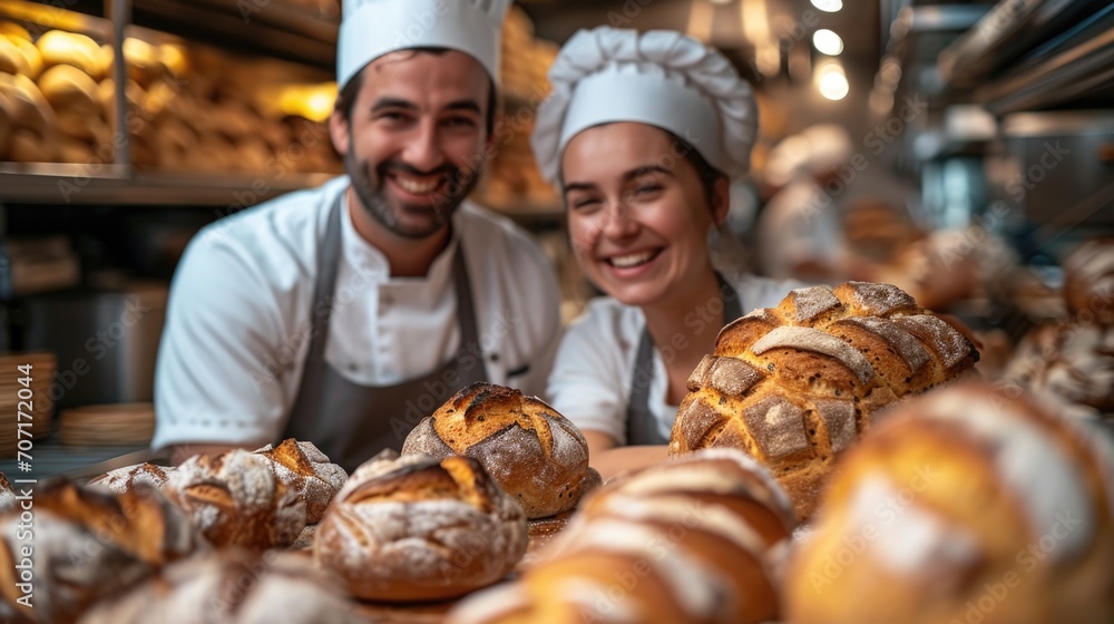 Chef and baker collaborating in a bakery, showcasing culinary teamwork and artisanal baking.