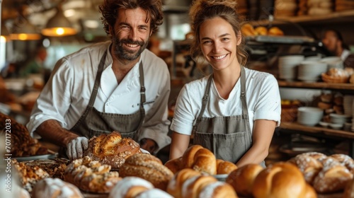 Chef and baker collaborating in a bakery, showcasing culinary teamwork and artisanal baking.
