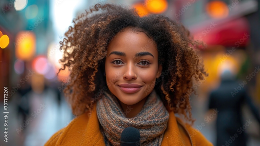 Confident female journalist reporting live, highlighting the fast-paced world of journalism. Confident female journalist reporting live, highlighting the fast-paced world of journalism.