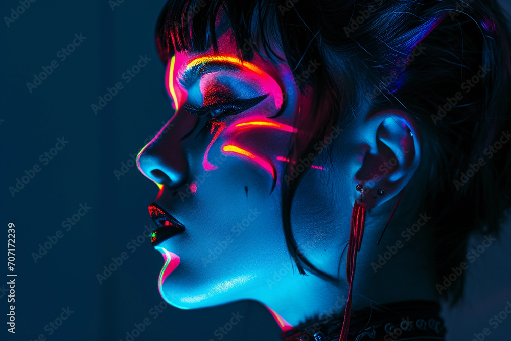 Surreal profile portrait of a cyberpunk character, neon glow on skin, futuristic makeup Surreal profile portrait of a cyberpunk character, neon glow on skin, futuristic makeup