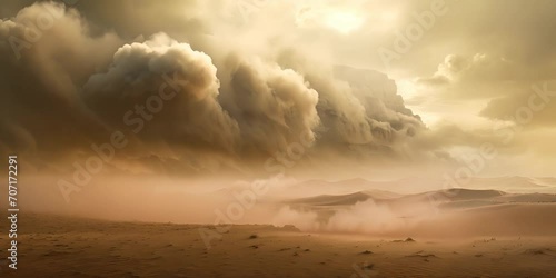 Sandstorm approaching the desert, creating a powerful wall of dust. The concept of force and inevitability of natural phenomena. photo