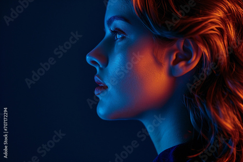 Artistic illuminated side-profile portrait, sharp jawline, rim lighting, dramatic shadows