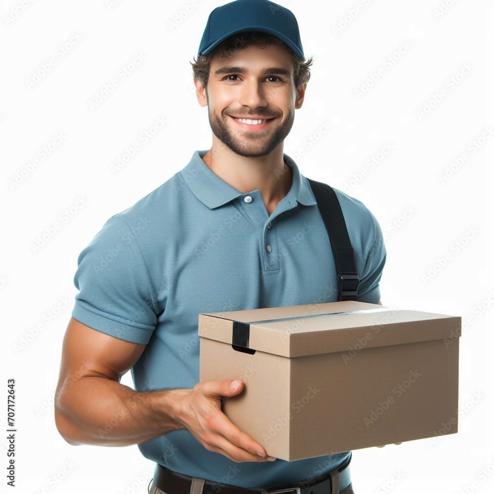 Homem bonito, segurando a caixa de entrega, entregador com encomenda em uma caixa de papelão. Segurando a caixa marrom isolada no fundo branco. Homem bonito, segurando a caixa de entrega, entregador com encomenda em uma caixa de papelão. Segurando a caixa marrom isolada no fundo branco.