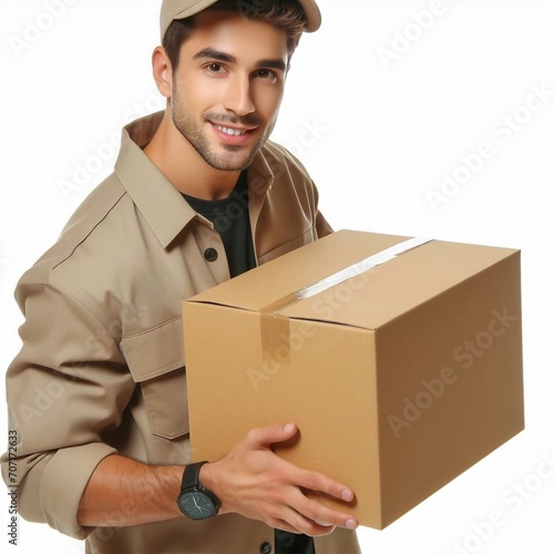 Homem bonito, segurando a caixa de entrega, entregador com encomenda em uma caixa de papelão. Segurando a caixa marrom isolada no fundo branco. photo