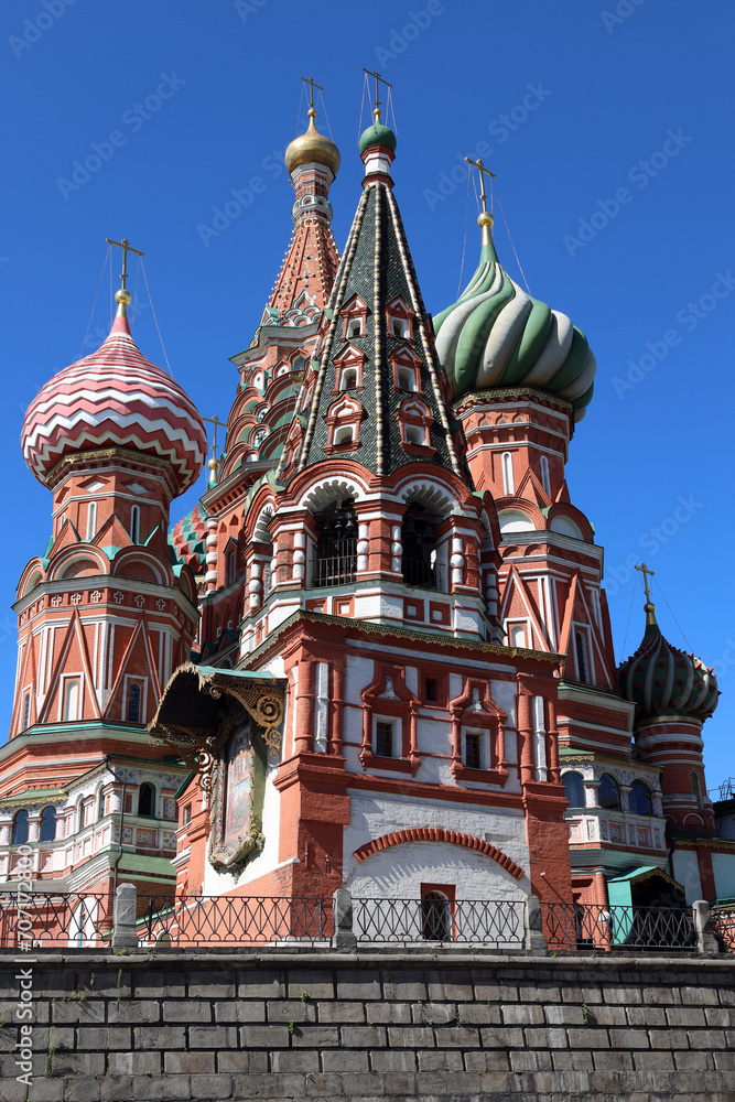 St. Basil's Cathedral on Red Square in Moscow against the backdrop of a bright blue sky