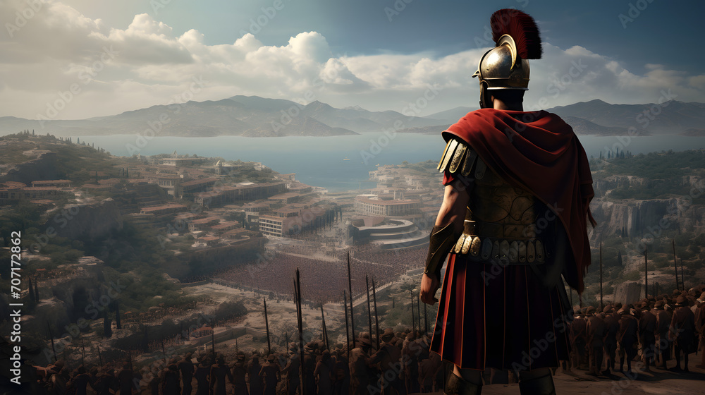 Römischer Legionär blickt auf Rom von einem Hügel - obrazy, fototapety, plakaty 