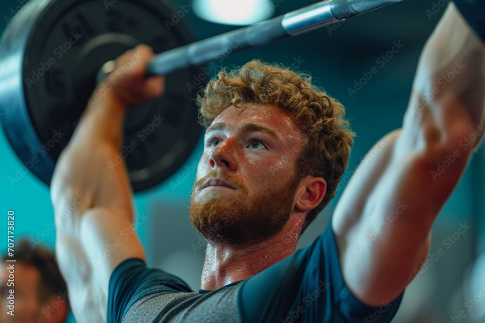 A weightlifter in the midst of a clean and jerk lift, muscles tensed