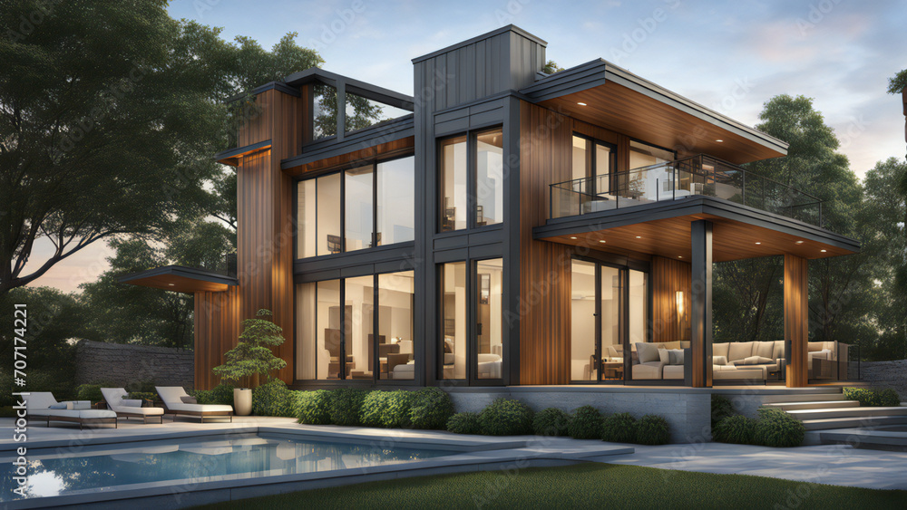 Obraz premium Modern luxury house with swimming pool and outdoor lounge area, featuring dark wood and metal accents, large windows, and lush green landscaping, ideal for real estate and architectural design