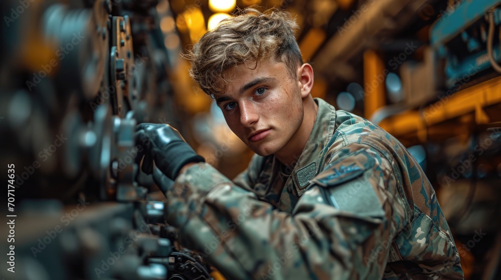 Focused military engineer in a workshop, depicting technical expertise in the armed forces. Focused military engineer in a workshop, depicting technical expertise in the armed forces.