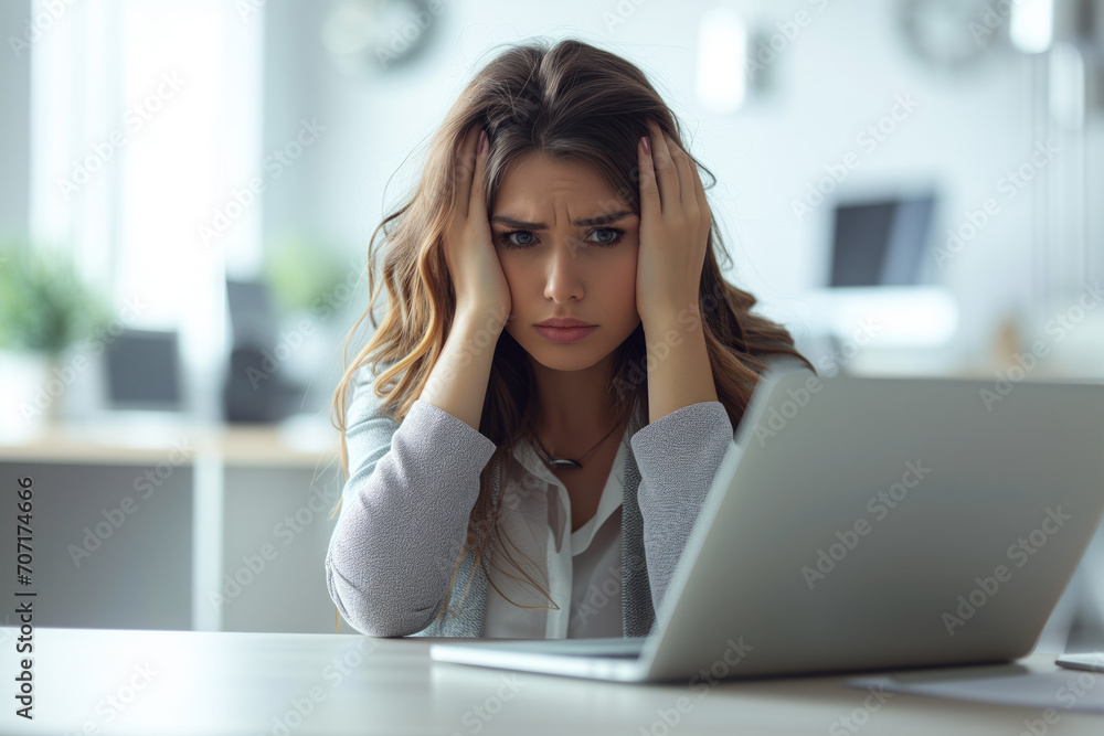 Tired businesswoman holding her head in the office Tired businesswoman holding her head in the office