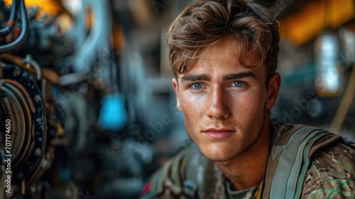 Focused military engineer in a workshop, depicting technical expertise in the armed forces.