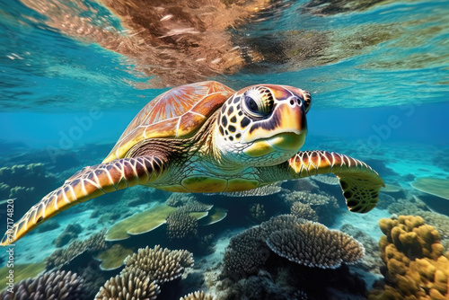 Green sea turtle swimming on coral reef in tropical sea. Green sea tortoise swimming underwater