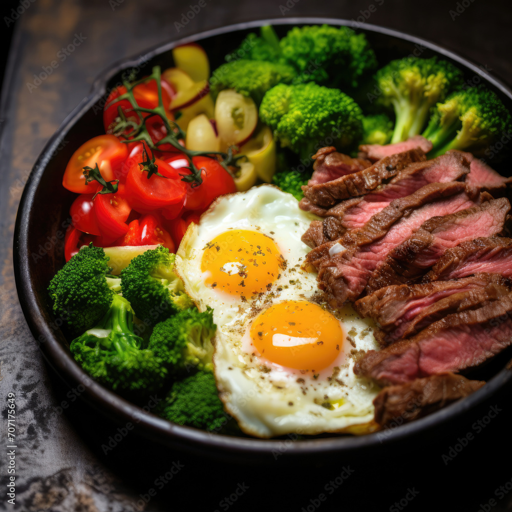 Bowl Filled With Meat, Eggs, Broccoli, and Tomatoes Bowl Filled With Meat, Eggs, Broccoli, and Tomatoes