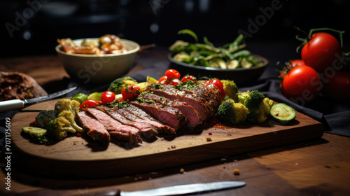 Wooden Cutting Board With Meat and Vegetables