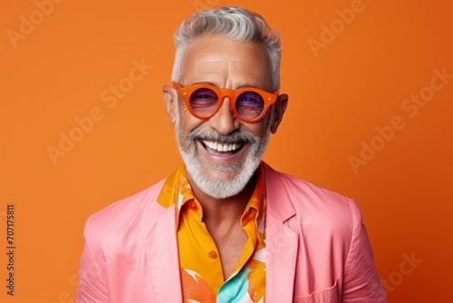 Portrait of happy senior man in sunglasses and colorful blouse.