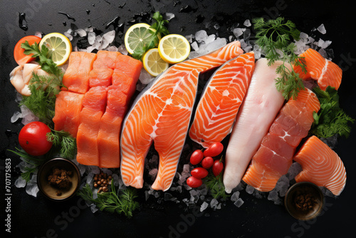 Assorted Fish Varieties on a Black Plate for a Delicious Meal photo