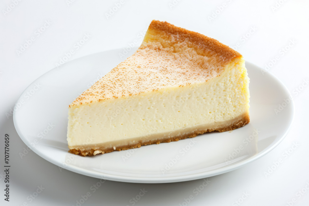 Slice of Cheesecake on White Plate - Delicious Homemade Dessert, Classic New York Style Slice of Cheesecake on White Plate - Delicious Homemade Dessert, Classic New York Style