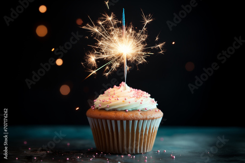Festive cupcake with sparkler and sprinkles on dark background. Birthday cupcake with candle on blure background.