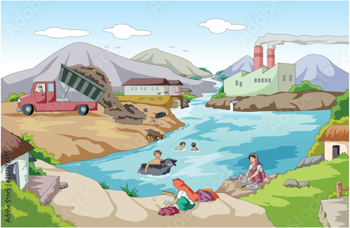  Illustration showing dumping of waste material and pollution of water and air photo