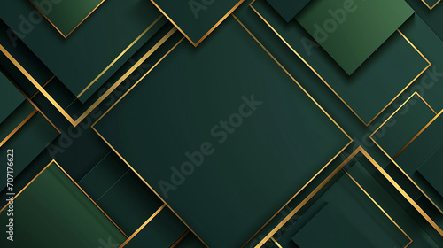 Dark green abstract background with gold lines and shadow. Geometric shape overlap layers
