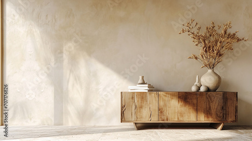 Wooden sideboard, vase with dried flowers, books, modern sculpture, beige wall with stucco and accessories. 
