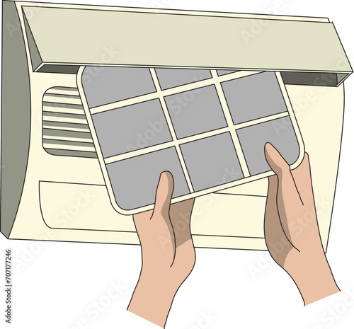 Man doing split AC servicing while removing the air filters