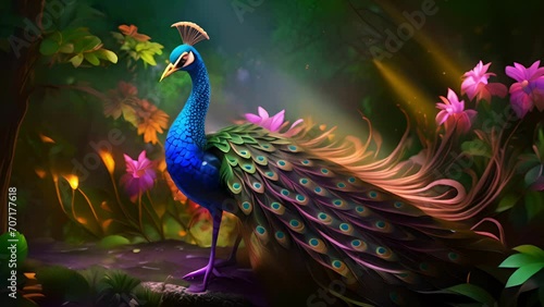 A vibrant peacock with stunning feathers standing among mystical forest flora with glowing lights photo