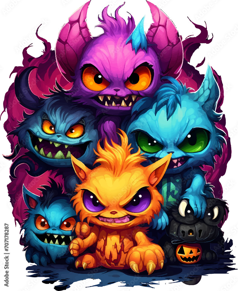 Scary but adorable Halloween furry monster babies in bright colors, on a transparent background, for t-shirt or sticker designs ready to print Scary but adorable Halloween furry monster babies in bright colors, on a transparent background, for t-shirt or sticker designs ready to print