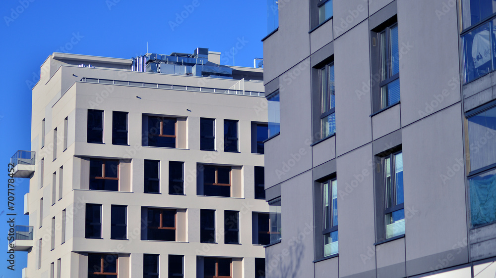 Residential area with modern apartment building. Facade of a modern apartment building. Residential area with modern apartment building. Facade of a modern apartment building.