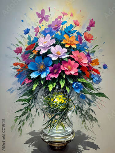 Colorful Modern Special 3D Style Oil Painting, Floral Arrangement in Vase, created with Generative AI technology