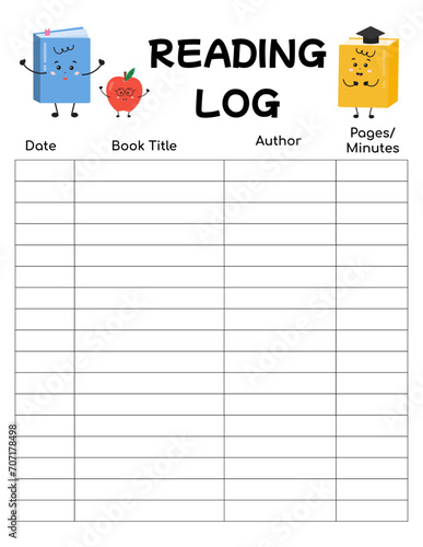 Reading log for schoolers, kids for tracking daily reading progress. Printable chart for book club, literature classes, school lessons, motivation for children to read, libraries. Bullet journal page.