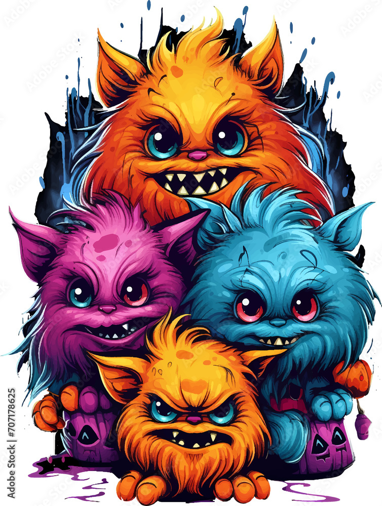 Scary but adorable Halloween furry monster babies in bright colors, on a transparent background, for t-shirt or sticker designs ready to print