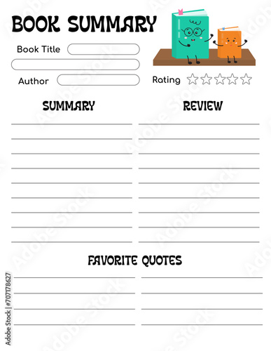 Printable book summary, book review journal page with notes, quotes. Favorite book, author, rating. For motivating kids to read and analyze, literature classes, library, school education, book clubs.