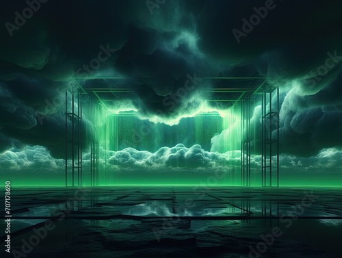 Surreal concept of cloud data storage. Abstract amounts of information are stored in the cloud. Technological modern background for advertising  business  presentations.