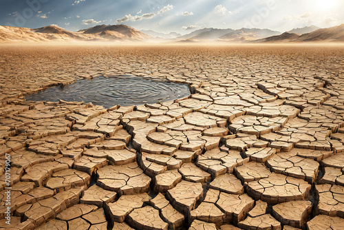 Dry land with cracked earth under blue sky background.