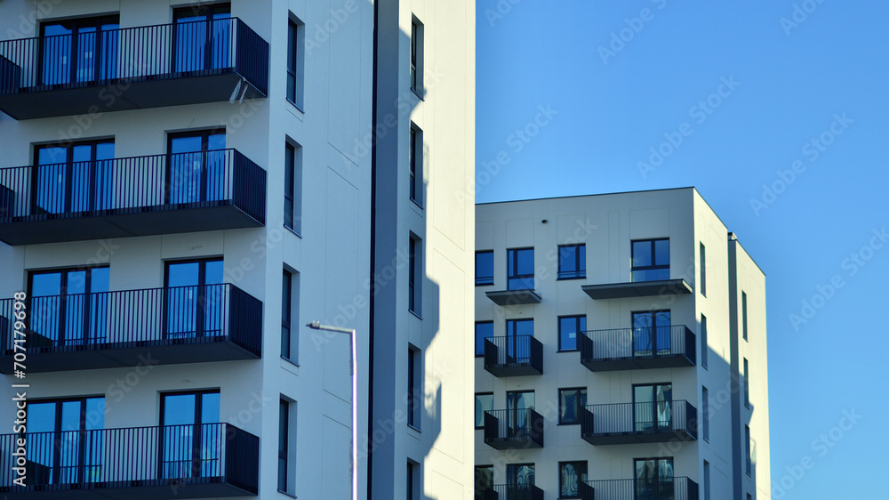 Residential area with modern apartment building. Facade of a modern apartment building.
