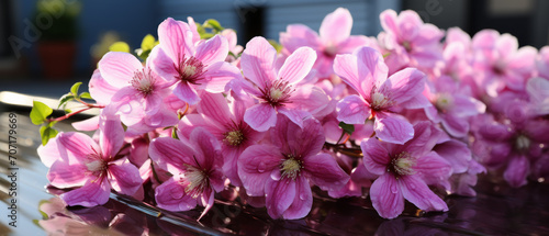 Close-up of purple clematis flowers with water droplets.