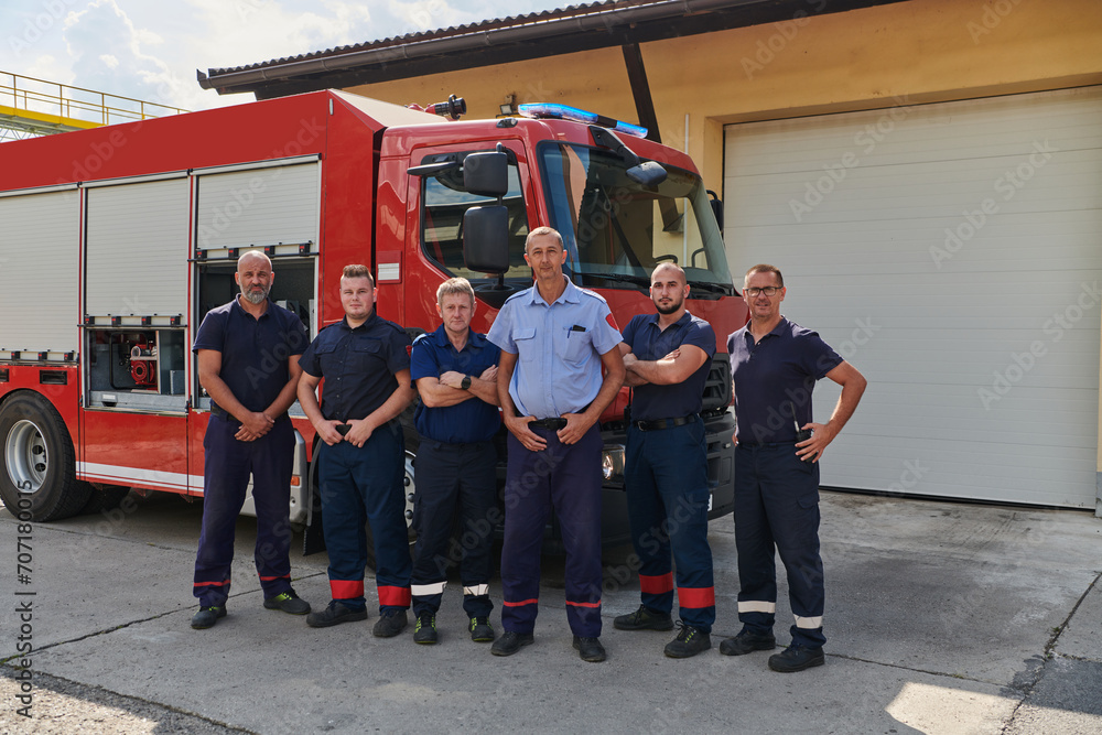 A skilled and dedicated professional firefighting team proudly poses in front of their state of the art firetruck, showcasing their modern equipment and commitment to ensuring public safety.