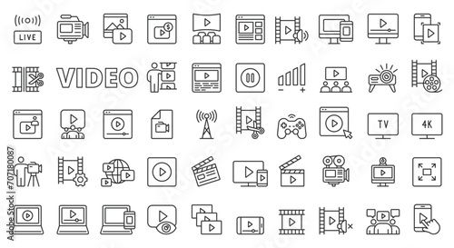 Video icons in line design. Vlog, movie, motion, play, video editor, media, creation, videography, content, multimedia isolated on white background vector. Video editable stroke icon. photo