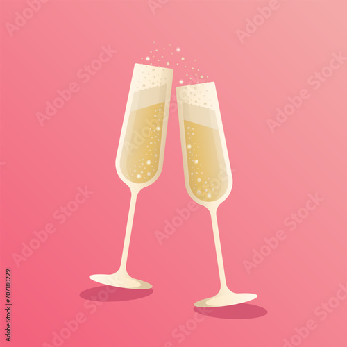 Glasses with champagne on a pink background. Sparkling wine, bubbles. Holiday design, vector illustration. Icon, single object.