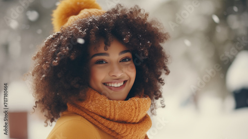 Portrait of beautiful attractive happy young black African Afro American woman is enjoying good cold frosty at winter snow park with eyes closed, breathing deeply deep fresh air smiling, generative ai