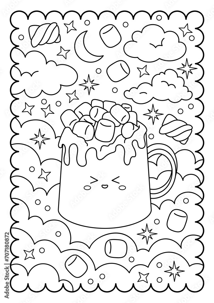 A cup of cocoa with marshmallows. Sweets, dessert. Cute coloring page for kids and adults, black and white vector illustration. A cup of cocoa with marshmallows. Sweets, dessert. Cute coloring page for kids and adults, black and white vector illustration.