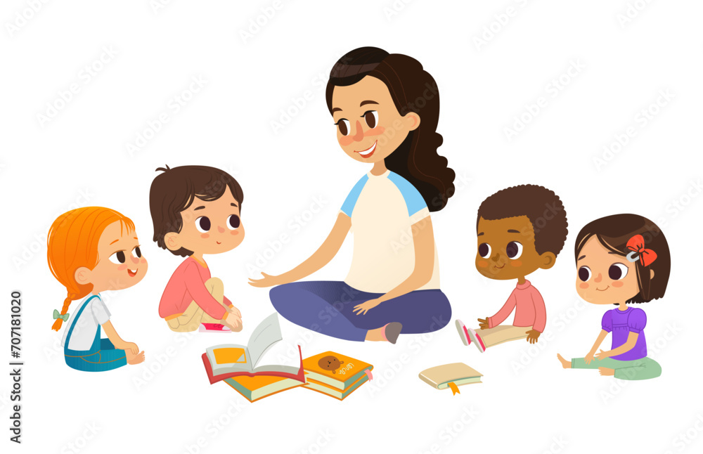 Smiling kindergarten teacher talks to children sitting in circle and asks them questions. Preschool activities and early childhood education concept. Vector illustration for poster, website banner